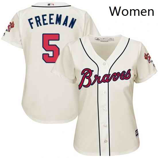 Womens Majestic Atlanta Braves 5 Freddie Freeman Replica Cream Alternate 2 Cool Base MLB Jersey